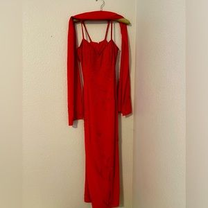 Night Scene beaded dress with matching scarf. Red. Medium. Prom, formal, event.